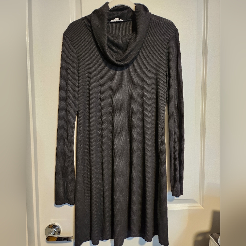 Socialite Black Ribbed Cowl Neck Tunic Sweater